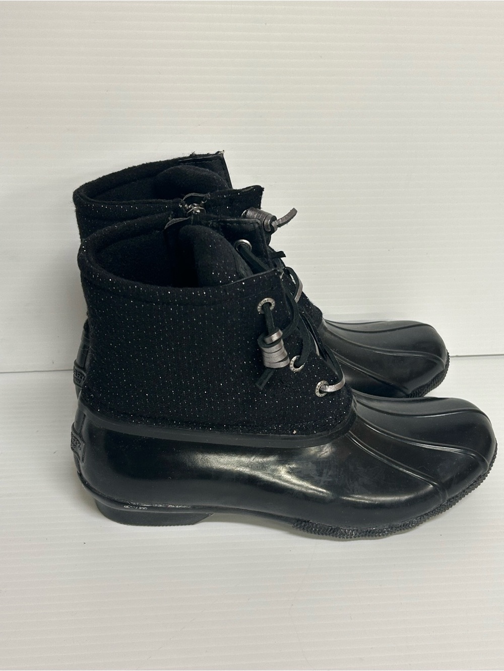 Sperry Boots Womens 7 Saltwater Sparkle Duck Bootie STS86713 Black Wool Blend